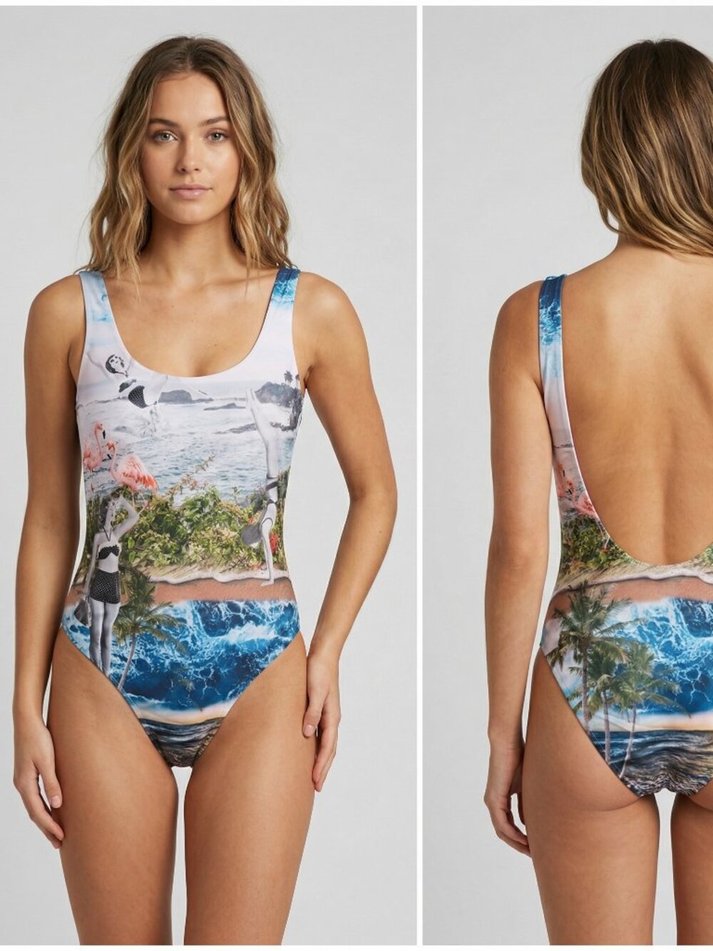 One Piece Swimsuit Women’s Small Flamingo Beach Scene Graphic Tropical maillot